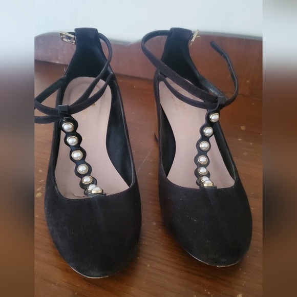 Kate Spade Black Suede T Strap Block Heels with Pearl Details - Picture 5 of 9